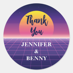 Retro 80s Neon Paars Synthwave Zonsondergang Bedan Ronde Sticker