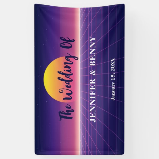 Retro 80s Neon Paars Synthwave Zonsondergang Bruil Spandoek (Verticaal)
