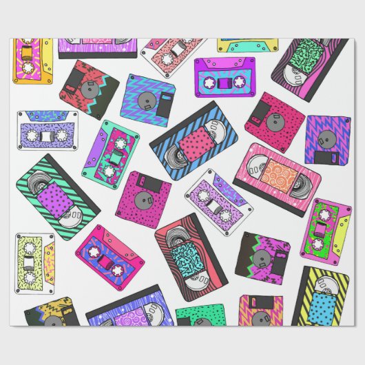 Retro 80's Neon Patterned Cassettebandjes van 90's Cadeaupapier (Vlak)