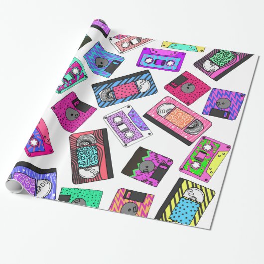 Retro 80's Neon Patterned Cassettebandjes van 90's Cadeaupapier (Uitgerold)