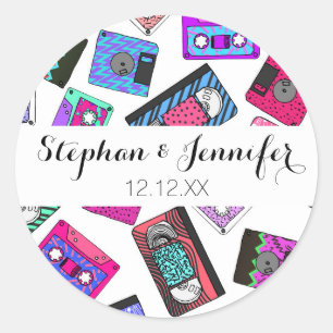 Retro 80's Neon Patterned Cassettebandjes van 90's Ronde Sticker