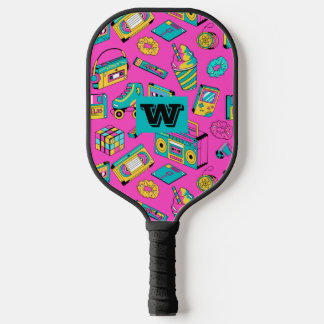 Retro 80s Neon Pink Colorful Pattern Monogram Pickleball Paddle