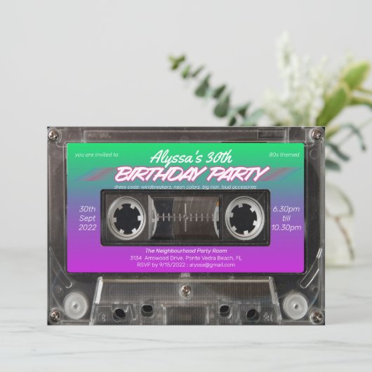 Retro 80s Neon Roze Groen Cassette Verjaardagsfees Kaart (Staand voorkant)