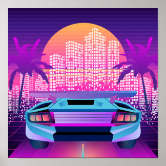 Retro 80s Neon Vaporwave City Zonsondergang en Aut Poster