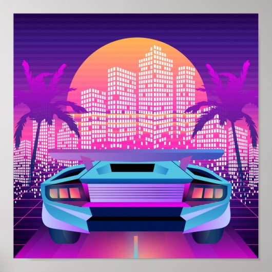 Retro 80s Neon Vaporwave City Zonsondergang en Aut Poster (Voorkant)