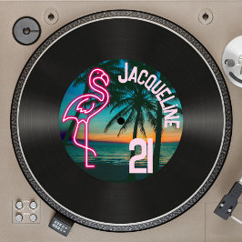 Retro 80s Record Neon Flamingo 21e Verjaardag Kaart