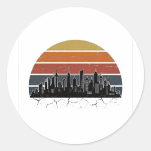 Retro 80s Stads Silhouet Zonsondergang Vintage Sta Ronde Sticker