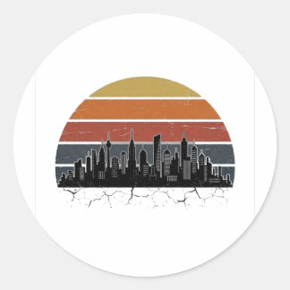 Retro 80s Stads Silhouet Zonsondergang Vintage Sta Ronde Sticker