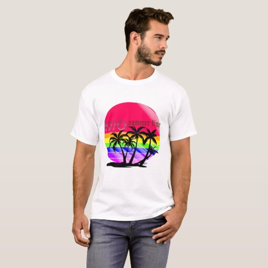 "Retro 80s Summer Vibe T-shirt - Rainbow Palm Suns (Voorkant volledig)
