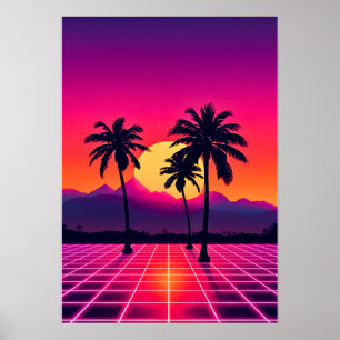 Retro 80s Sunset Grid Poster