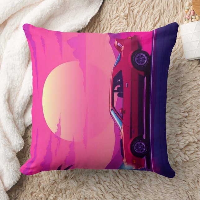 Retro 80s Synthwave Sunset Car Throw Pillow Kussen (Deken)