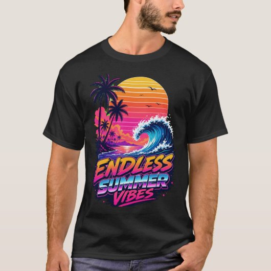 Retro 80s Synthwave Zonsondergang Surf T-shirt (Voorkant)