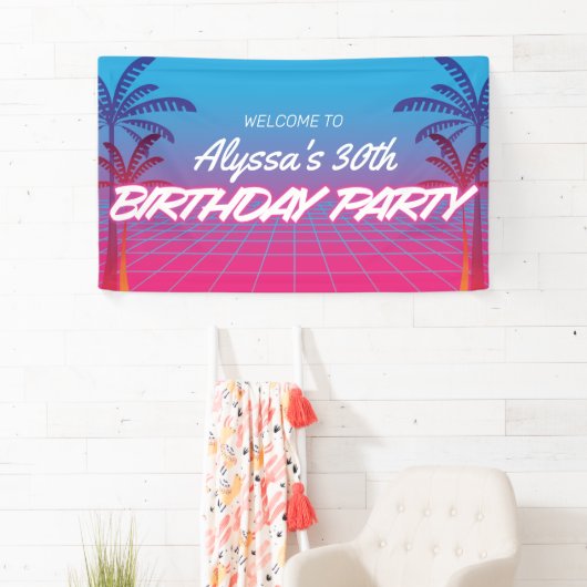 Retro 80s Theme Neon Roze Blauw Verjaardagsfeest Spandoek (Insitu)