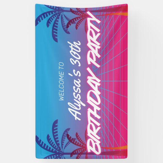 Retro 80s Theme Neon Roze Blauw Verjaardagsfeest Spandoek (Verticaal)