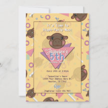 Retro 80's Yellow Baby Hippo Birthday Invitation