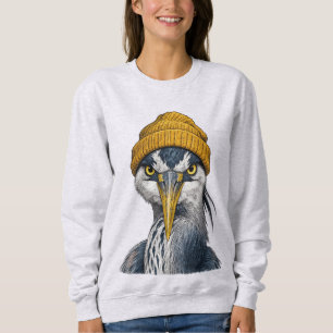 Retro 90s Grote Blauwe Reiger met Beanie Vintage Trui