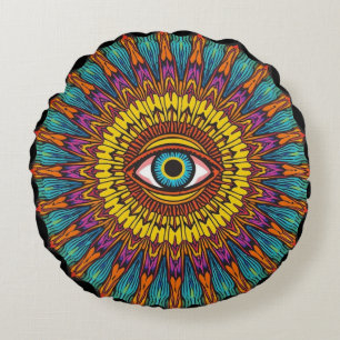 Retro 90s Mandala   Psychedelische Derde Oog Grafi Rond Kussen