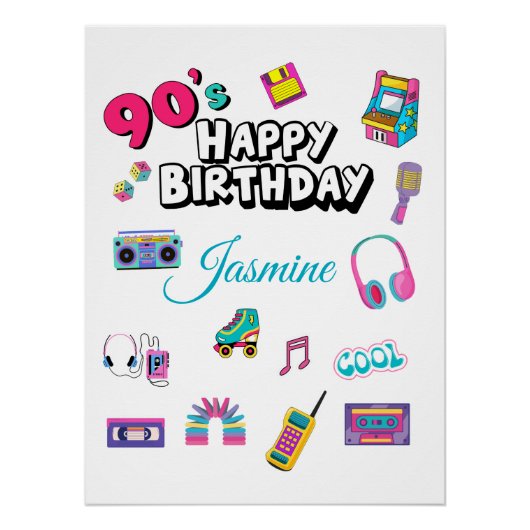 Retro 90s Party Custom Name Happy Birthday Poster (Devant)