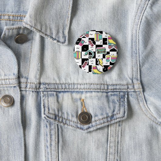 Retro 90s Roller Skate Pattern Round Button (In situ)