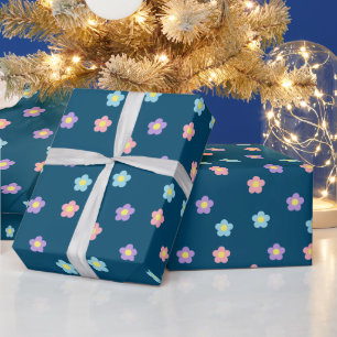 Retro 90s Y2k-pastkleurbloemen marineblauw Cadeaupapier