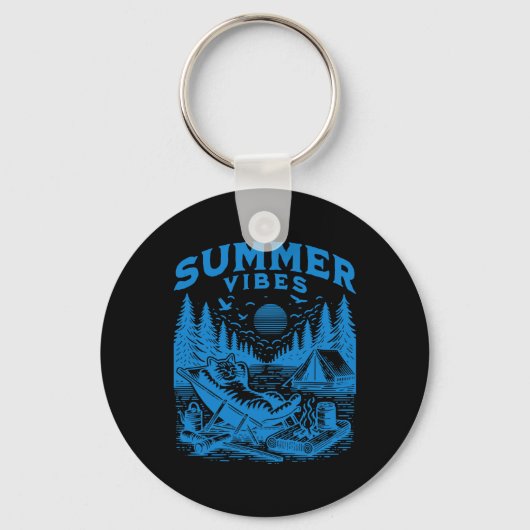 Retro 90s Zomer Vibes Kat Camping Grappige Kat Mem Sleutelhanger (Voorkant)