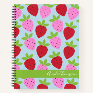 Retro aardbei fruitpatroon blauw gepersonaliseerd notitieboek