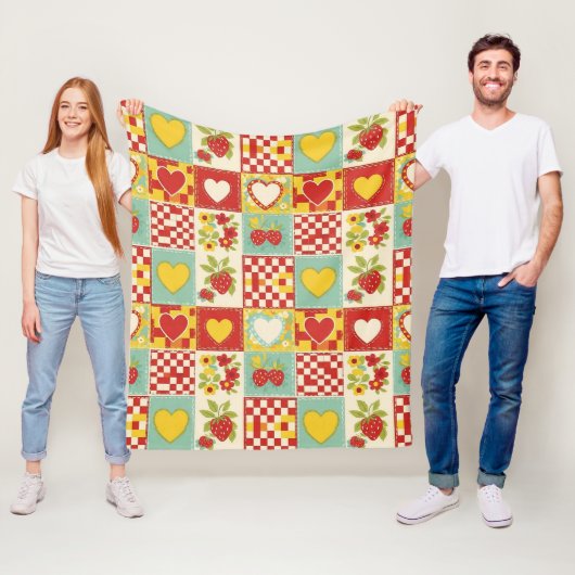 Retro Aardbei Patchwork Bloemmotief Fleece Deken (In situ)