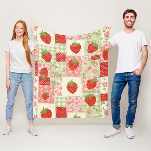 Retro Aardbeien Picknick Patchwork Patroon Fleece Deken (In situ)