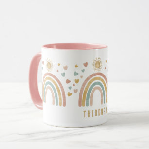 Retro Aardse Kleuren Regenboog & Zon Naam Mok