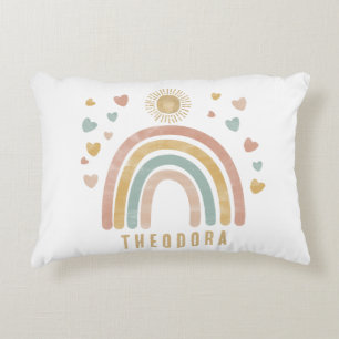 Retro aardse kleuren waterverf regenboog en zon accent kussen