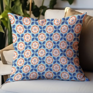 Retro Abrikoos Navy Aqua Bloemenpatroon Kussen