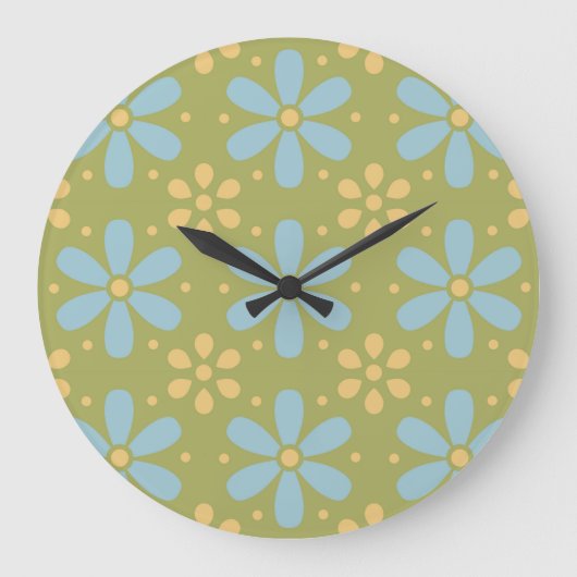 Retro Abstract blauw en Geel Bloemen Patroon Grote Klok (Voorkant)