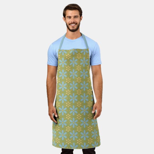 Retro Abstract blauw en Geel Bloemen Patroon Schort (Gedragen)