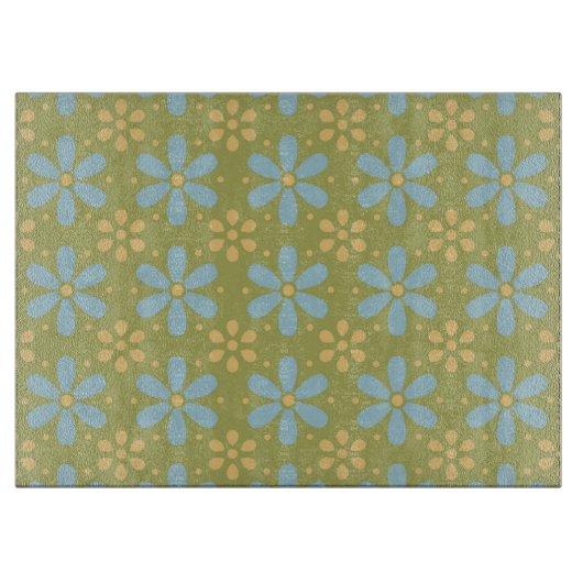 Retro Abstract blauw en Geel Bloemen Patroon Snijplank (Voorkant)