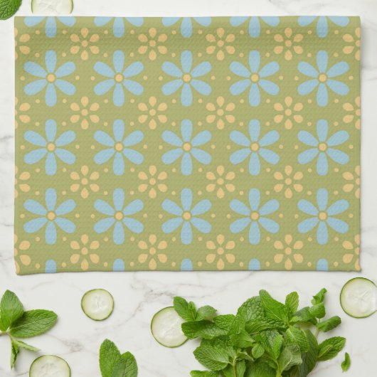 Retro Abstract blauw en Geel Bloemen Patroon Theedoek (Gevouwen)
