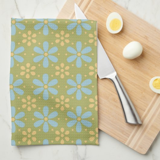 Retro Abstract blauw en Geel Bloemen Patroon Theedoek (Quarter Fold)
