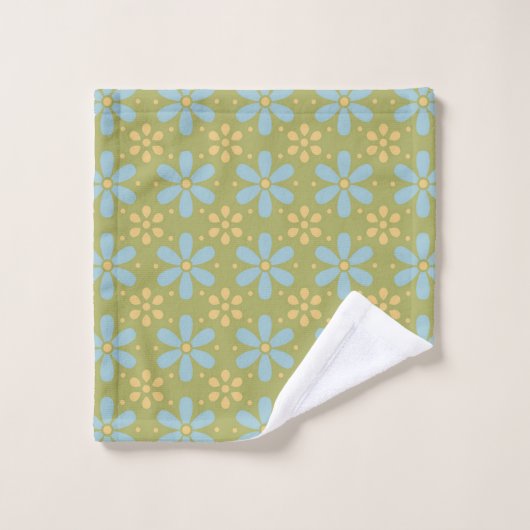 Retro Abstract Blauw en Gele Bloemen op Groen Bad Handdoek (Wasdoekje)
