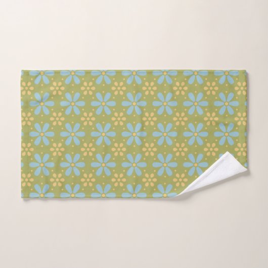 Retro Abstract Blauw en Gele Bloemen op Groen Bad Handdoek (Handdoek)