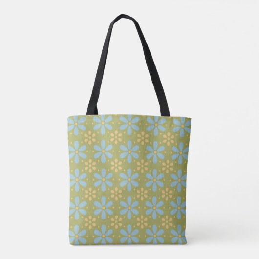 Retro Abstract Blauw en Gele Bloemen op Groen Draagtas (Achterkant)