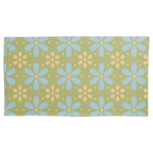 Retro Abstract Blauw en Gele Bloemen op Groen Kussensloop (Voorkant-Links)