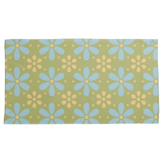 Retro Abstract Blauw en Gele Bloemen op Groen Kussensloop (Voorkant-Rechts)