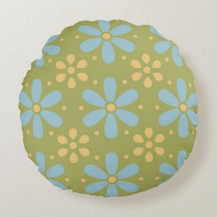 Retro Abstract Blauw en Gele Bloemen op Groen Rond Kussen