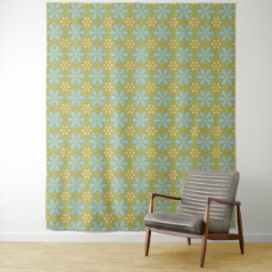 Retro Abstract Blauw en Gele Bloemen op Groen Wandkleed