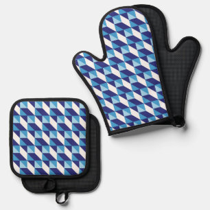 Retro Abstract Blauwtinten Geometrisch Patroon Ovenwant & Pannenlap Set