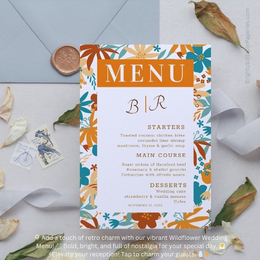 Retro Abstract Bright Bold Wildflower Bruiloft Menu