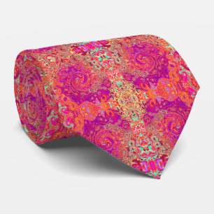Retro Abstract Koraal en Paarse Marmer Werveling Stropdas