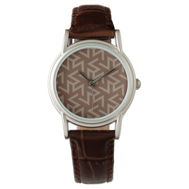 Retro Abstract Mid-Century Modern Patroon in Brown Horloge (Voorkant)