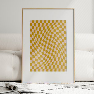 Retro Abstract Wavy Schaakbord Mosterdgeel Poster