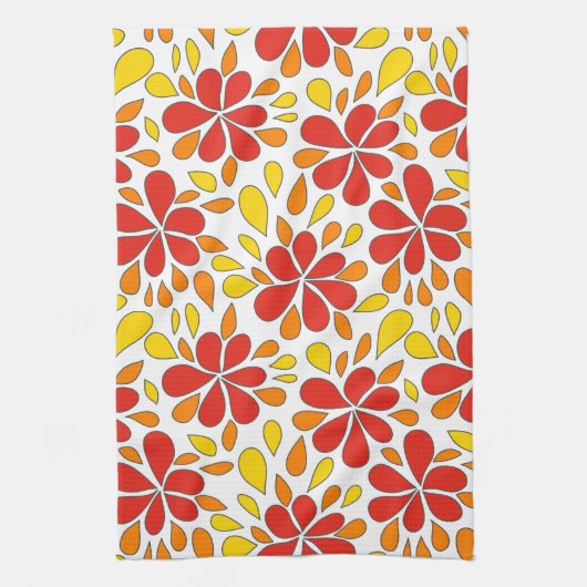 Retro Abstracte bloemen Rode Sinaasappel Geel 1970 Theedoek (Verticaal)