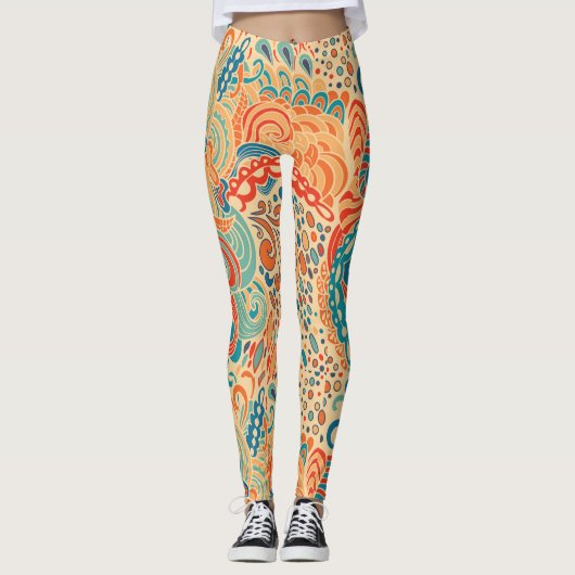 Retro Abstracte oceaangolven in warm en koel Leggings (Voorkant)
